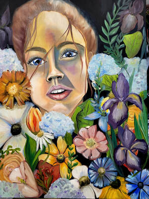 Large portrait of a white girls face surrounded by flowers Picture
