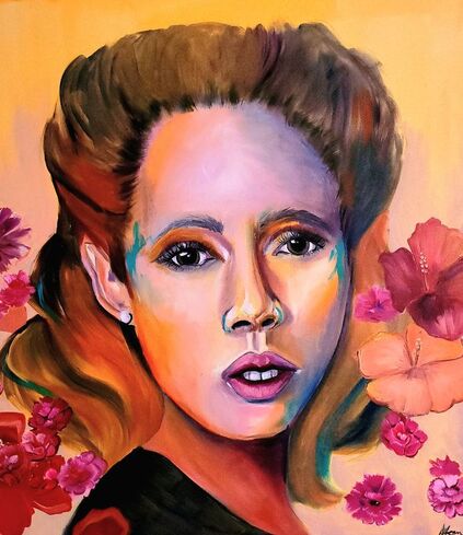 Latina 1950 portrait hibiscus flowers oil painting