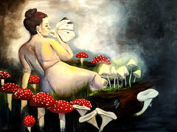 Mushroom Nude fantasy Alice in Wonderland chanterelle mushroom, red polka dot mushroom moths