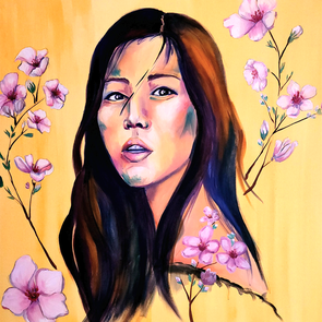 Asian woman portrait surrounded by cherry blossoms Picture